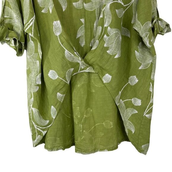 Italian 100% Linen Boho Green Floral Hi-Low Relaxed Fit Tunic Top Women One Size - Picture 4 of 8